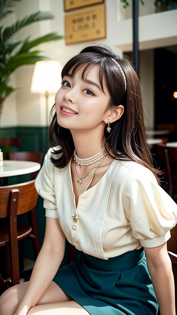Show me a woman who will surprise everyone、Audrey Hepburn-like women、Grace Kelly-like face、Eat a parfait at a cafe、(Antique cafe with a retro atmosphere)、(Enjoy a delicious fruit parfait.)、Clothes in the perfect colour for her、The collar should be a little more open、knee-deep、Composition seen from diagonally above、Semi-long hair、Straight perm、mini skirt、Laugh a little、Look at me with kind eyes、lips slightly pointed.、Bangs slightly messed up by the wind、Looking up from below、Soft Backlight、Earrings、necklace、bracelet、Headband
