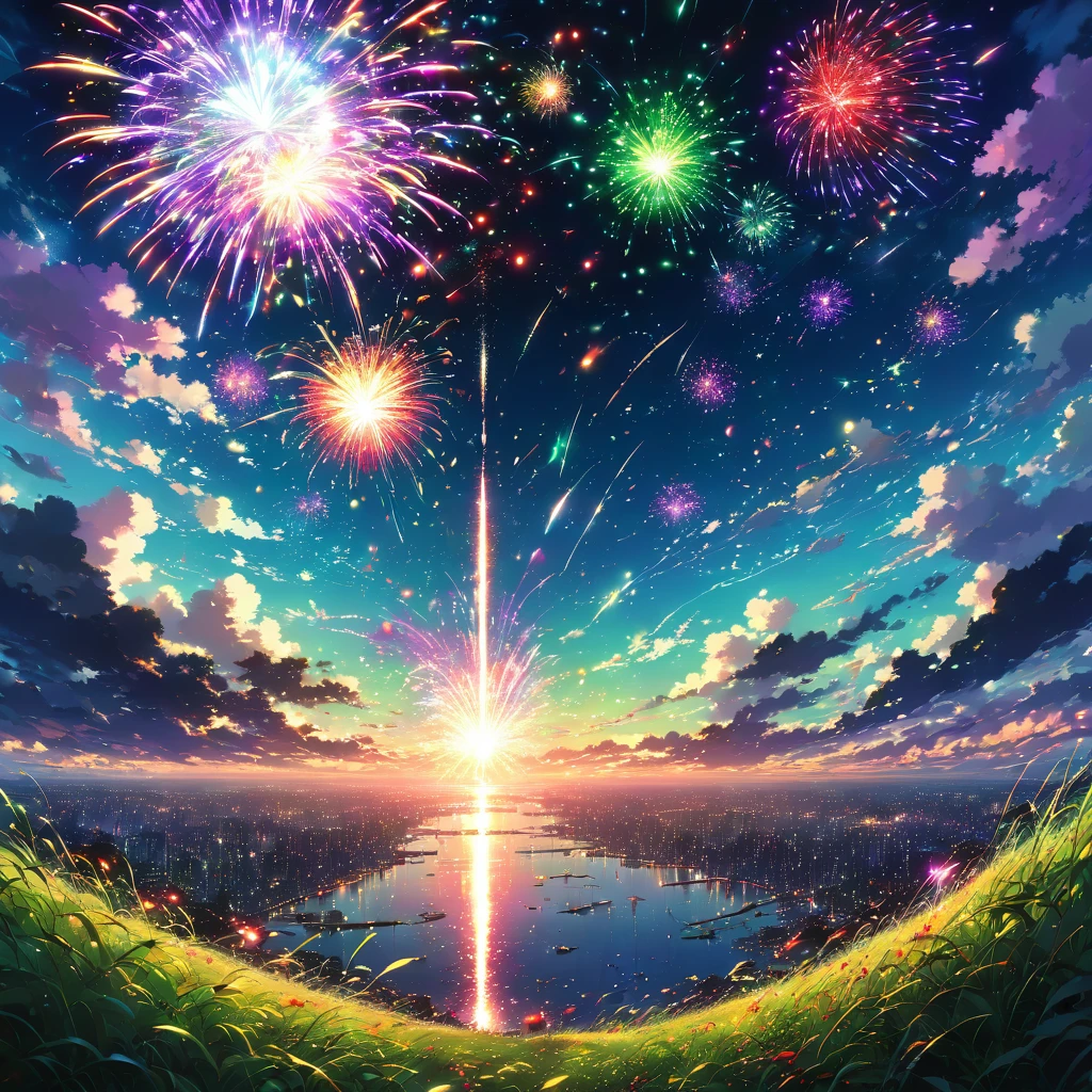 universe space, Pitch black, Darkness, No sound, Silence, firework, Explosion, explosion, Light, color, red, green, yellow, green, purple, particle, diffusion, sphere, mysterious, beautiful, Fantasy, ephemeral, moment 、beautiful Anime Scenery, Landscape painting, beautifulデジタル絵画, Andreas Rocha, beautifulアートワークのイラスト, Awesome Wallpapers, Raymond Han, 背の高いbeautiful絵画, Studio Greeble Makoto Shinkai, beautiful壁紙, Anime Scenery
