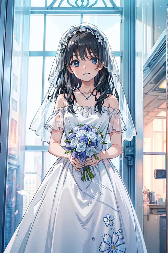 Okay, Saten Ruiko, Black Hair, blue eyes, Long Hair, hair ornaments, Floral decoration,Grin,smile,Veil,blush,Wedding dress,Off the shoulder,necklace,Wedding Skirts,Traveling with a large bouquet,Flower storm,
break indoor, Chapel,
break looking at viewer, Upper Body,whole body,(Cowboy Shot:1. 5) ,
break (masterpiece:1.2), Highest quality, High resolution, unity 8k wallpaper, (figure:0.8), (Beautiful attention to detail:1.6), Highly detailed face, Perfect lighting, Highly detailed CG, (Perfect hands, Perfect Anatomy),