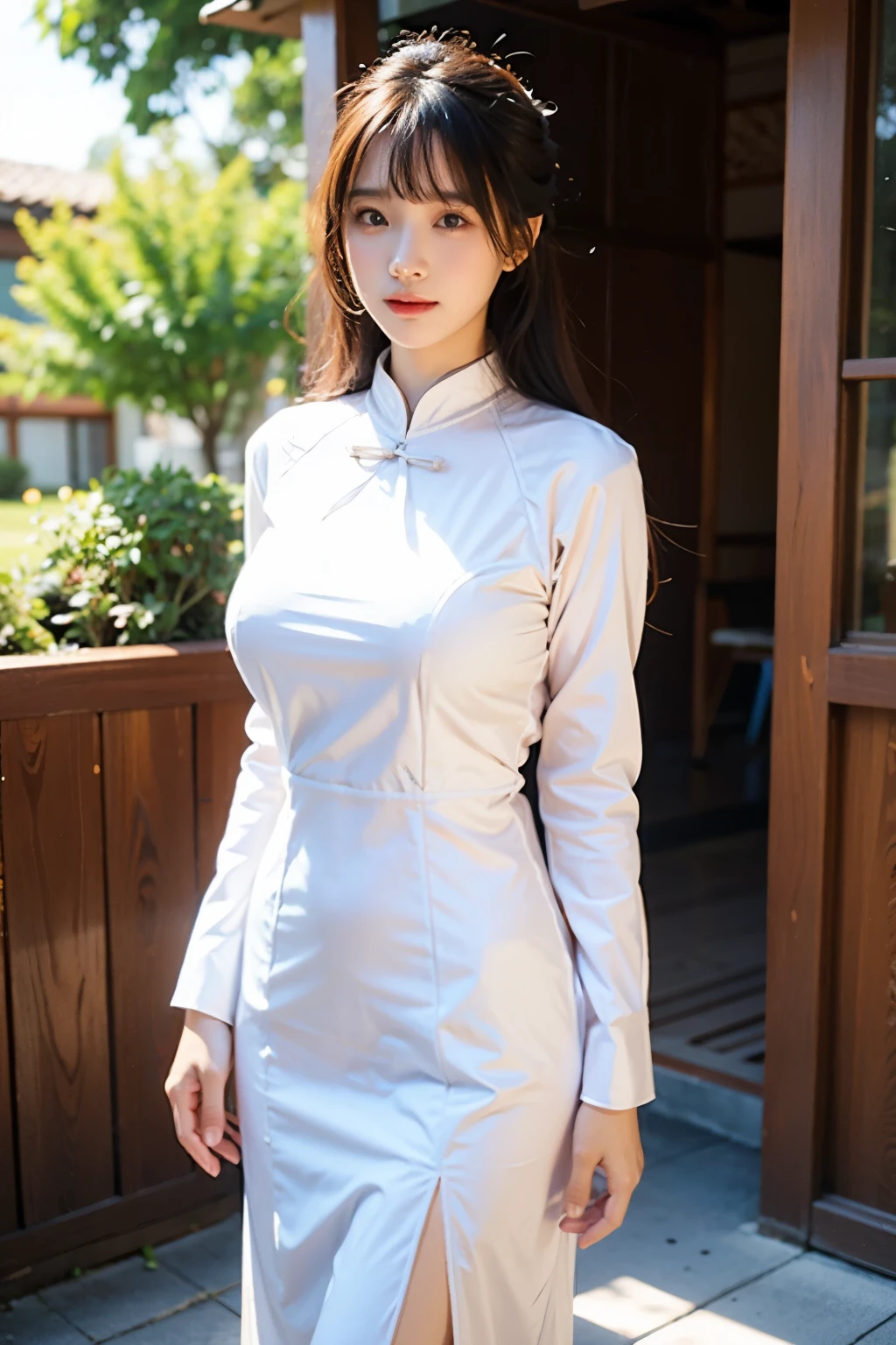 8K,high quality,high resolution,(tall),Plump,(Beautiful woman),(Brown Hair),(summer),(Cityscape),(白いアオザイ:1.3),(White ao dai:1.3),(),(),(),(),(),(),,