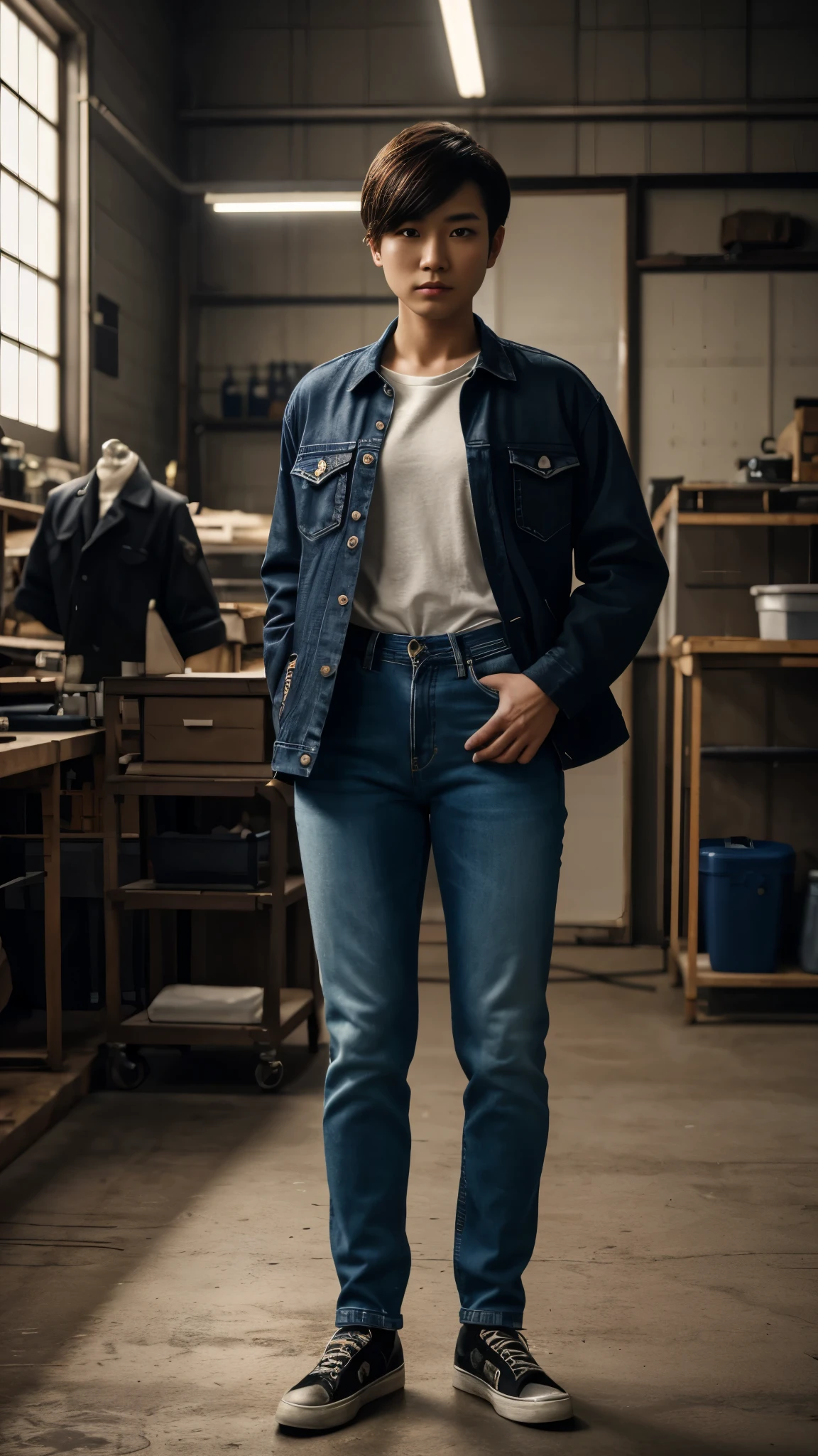 {{masterpiece, best quality, extremely detailed CG, unity 8k wallpaper, cinematic lighting, }}, Sony α7, wide frame, A short haired Japanese girl crossdressing as a man wearing man's jacket, shirt, long jeans, and shoes standing in a workshop with cool pose and fierce expression, body facing straight to the camera.