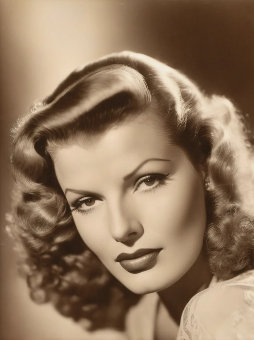 vintage portrait photograph of Rita hayworth, sepia tones, classic studio photograph, delicate features,