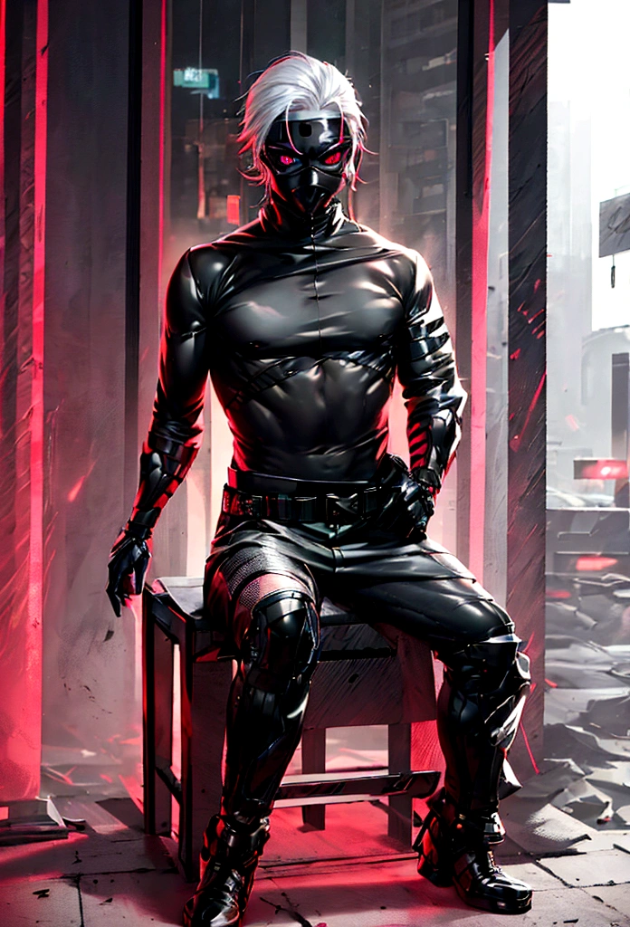 "(punk jacket:1) dark theme :: closeup foco facial, ultra realistic futuristic cyberpunk muscular white hair male sitting on throne :: The cyberpunk way (intricate black skull face:1) :: cool cybernetic punk jacket red neon eyes :: wearing no shirt::  mechanical intricate mask :: natural lighting :: bokeh :: 8K :: best qualityer :: work of art "