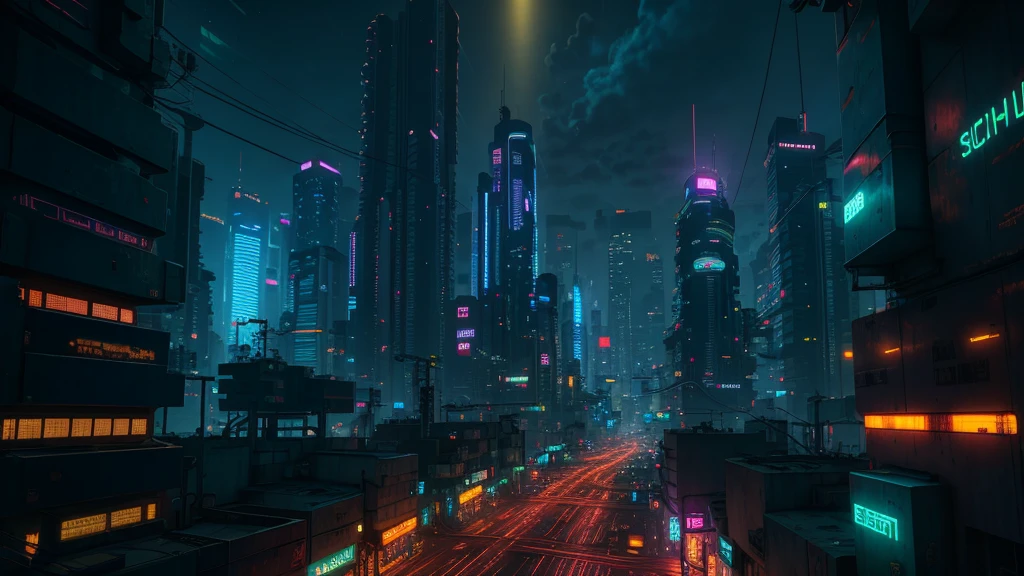 Cyberpunk city from sci-fi movie, empty street, night, view from an buildings, old shop, irregular, circuit boards, wires, intricate, super detailed, realistic, hyper realistic, high quality, best, super detail , crazy detail, very detailed, photorealistic, epic composition, best quality, 32k --v 6