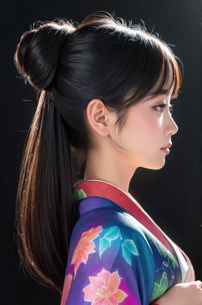 Colorful chalk drawing、Pointillism、A beautiful woman in profile wearing a kimono、Sparkling、Black background