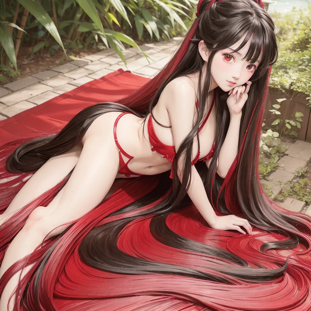 masterpiece, best quality, official art, 8k wallpaper, highly detailed, illustration, 1 girl, black wavy hair with red highlights , long hair, detailed red eyes, forrest, bare shoulders, hanfu,lakes, pure, soft smile,bamboo,Tea