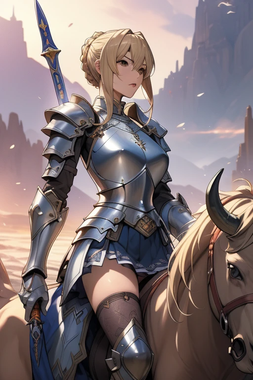 (masterpiece, best quality),Woman in armor holding a sword in front of a bison, Armor Girl, Ultra-mini pleated skirt,Age 25,Mature Woman, fantasy, Epic light novel art cover, Blonde woman, Granblue Fantasy, female knight, RPG Art, Artoria Pendragon, Anime fantasy artwork, Different world,