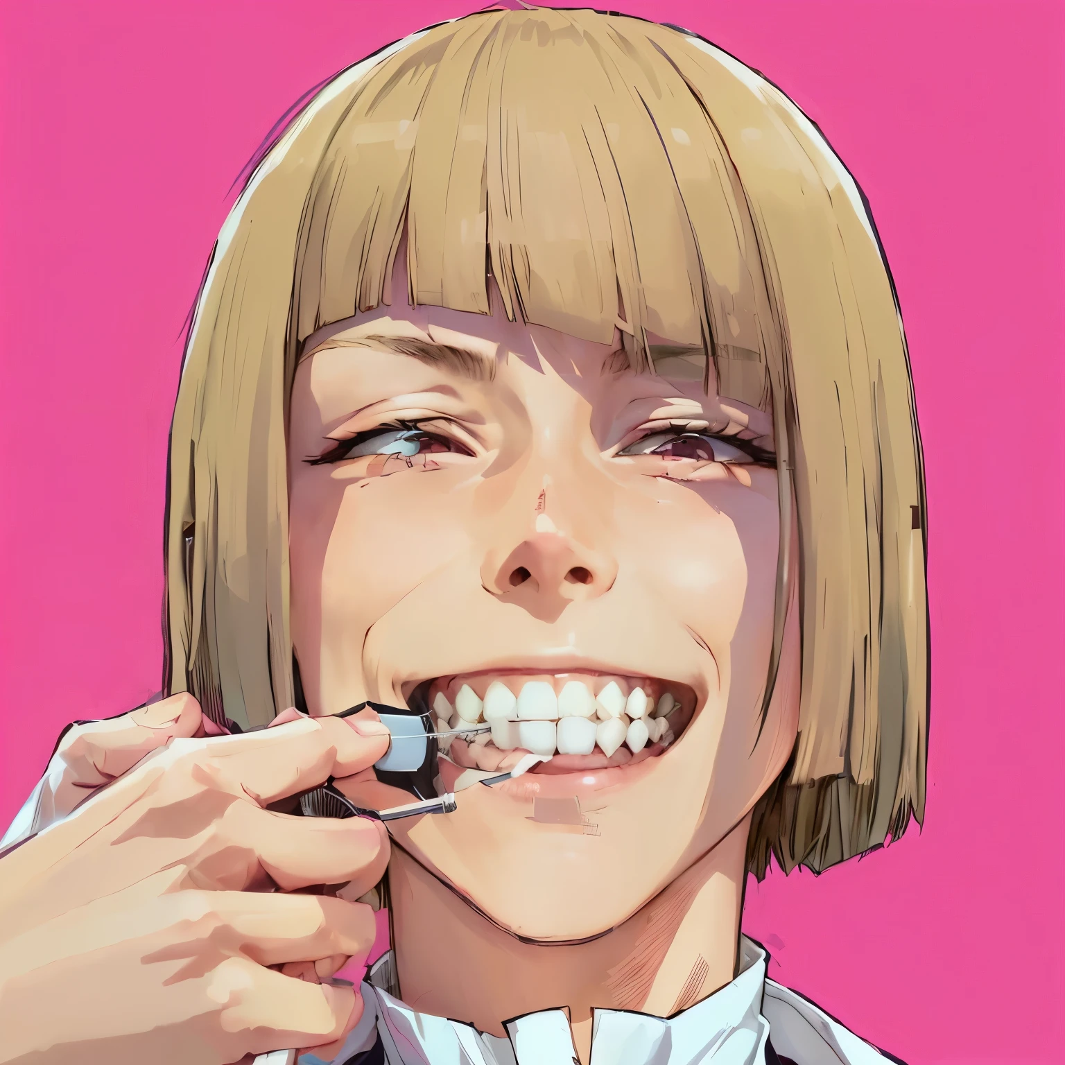 anime girl brushing her teeth with a toothbrush against a pink background, helga pataki's teeth, chainsaw man manga, clenching teeth, sharp teeth smile, tsukasa dokite, sougo okita, wide grin, fujita goro!, [[[[grinning evily]]]], sharp teeth grin, yayoi kasuma, uncomfortable crooked smile