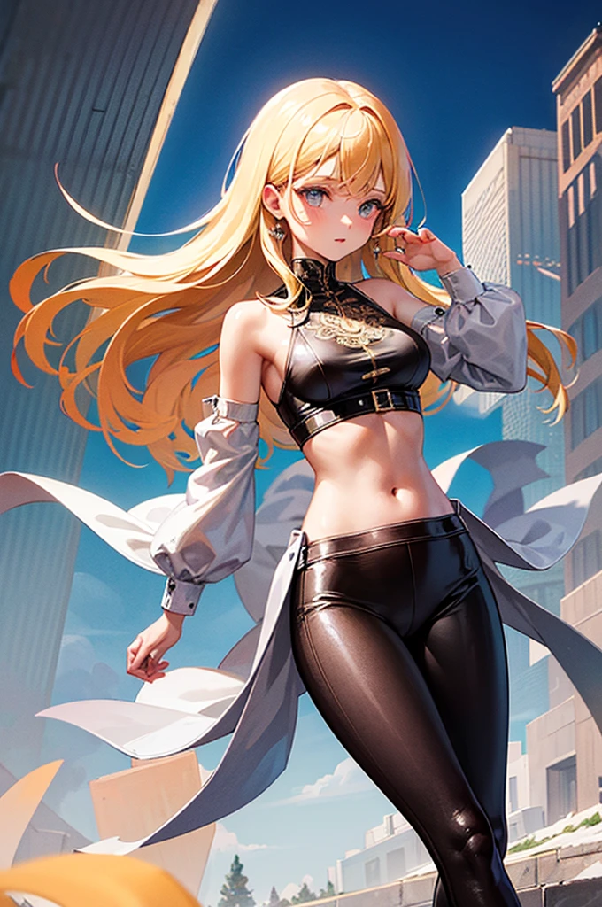 gorgeous girl, wide hips, narrow waist, medium breast, pretty face, glowing perfect skin, wearing letex leggings and white crop top, background of a intricately detailed aesthetic street that goes to a mountain, modern buildings in background, ultra high quality, intricately detailed, super detailed anime illustration, masterpiece, vibrant, complex detail, ghibili studio,