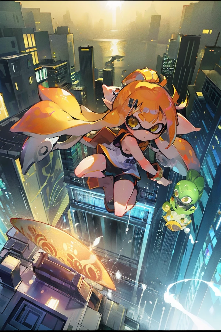 (masterpiece、Highest quality、High resolution、Official Art:1.2)、Real Anime、3d、Look at the viewers、Golden Eyes、(Chiquita，With the Splatoon girl))、（Parkour Clothing，Prism Gradient Tentacle Hair）（leaping from a building! ︎）（Showing off parkour! ︎），Mysterious Island、light group），floating colorful air、(2D:1.5)