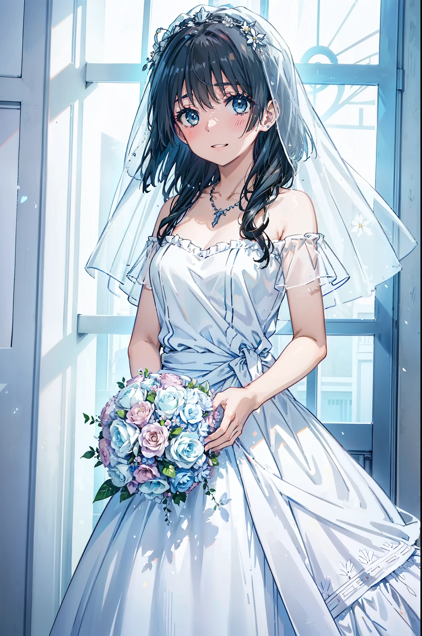 Okay, Saten Ruiko, Black Hair, blue eyes, Long Hair, hair ornaments, Floral decoration,Grin,smile,Veil,blush,Wedding dress,Off the shoulder,necklace,Wedding Skirts,Traveling with a large bouquet,Flower storm,
break indoor, Chapel,
break looking at viewer, Upper Body,whole body,(Cowboy Shot:1. 5) ,
break (masterpiece:1.2), Highest quality, High resolution, unity 8k wallpaper, (figure:0.8), (Beautiful attention to detail:1.6), Highly detailed face, Perfect lighting, Highly detailed CG, (Perfect hands, Perfect Anatomy),