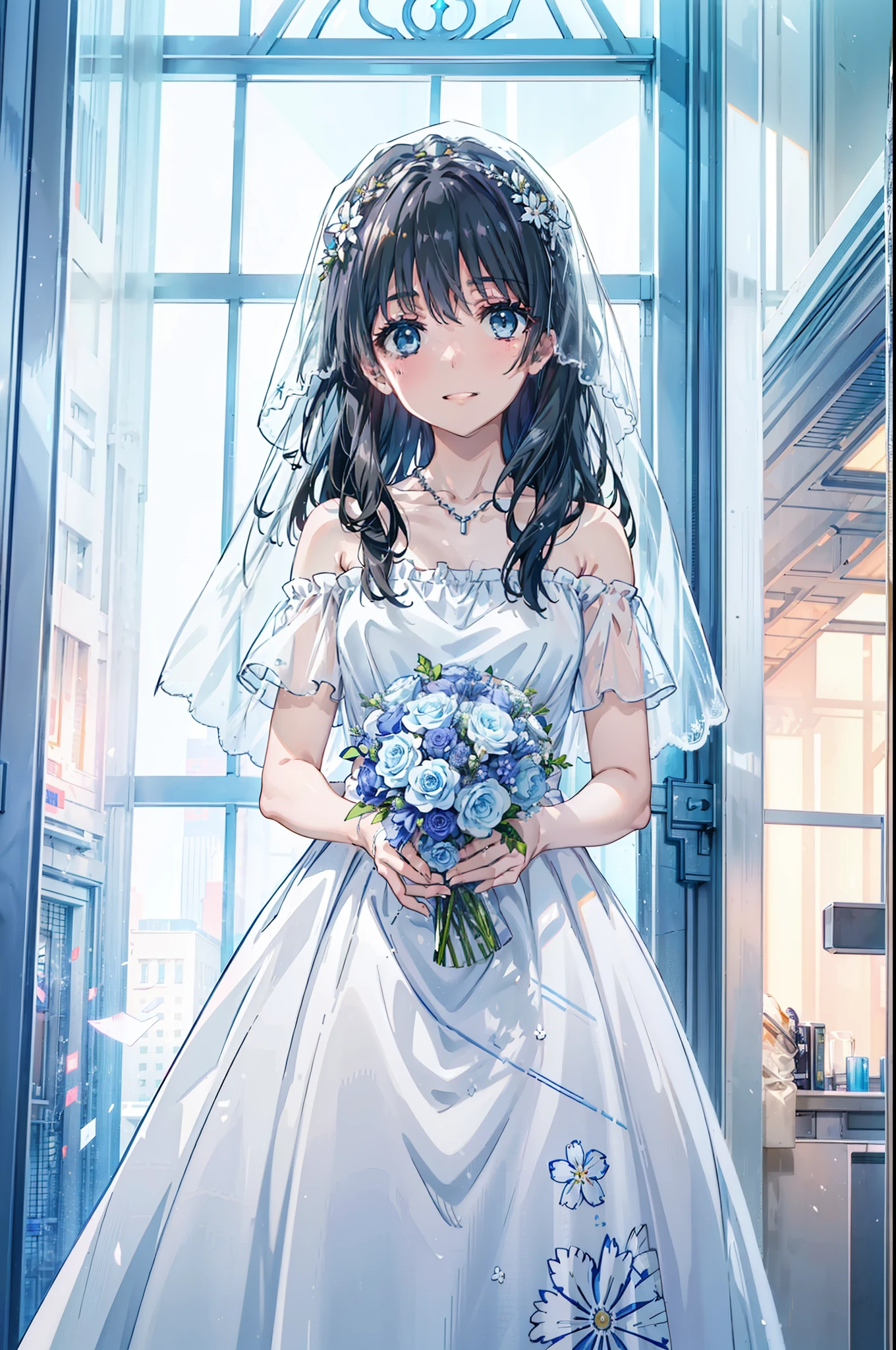 Okay, Saten Ruiko, Black Hair, blue eyes, Long Hair, hair ornaments, Floral decoration,Grin,smile,Veil,blush,Wedding dress,Off the shoulder,necklace,Wedding Skirts,Traveling with a large bouquet,Flower storm,
break indoor, Chapel,
break looking at viewer, Upper Body,whole body,(Cowboy Shot:1. 5) ,
break (masterpiece:1.2), Highest quality, High resolution, unity 8k wallpaper, (figure:0.8), (Beautiful attention to detail:1.6), Highly detailed face, Perfect lighting, Highly detailed CG, (Perfect hands, Perfect Anatomy),