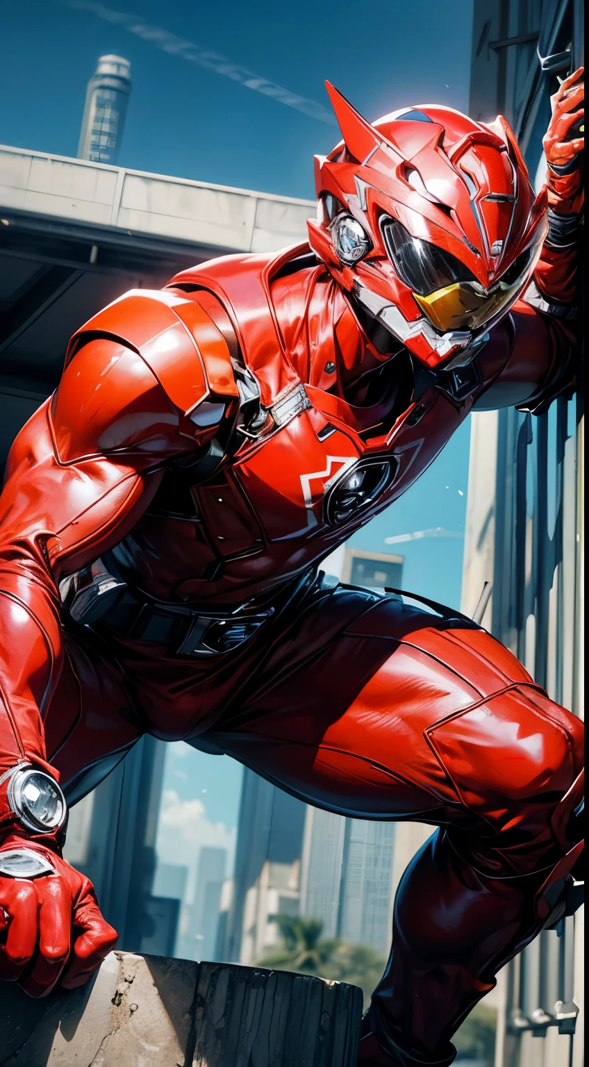 ((power rangers)), One guy、 Red costume, Solo, ((Slim figure)), (Anatomically correct), Cowboy shot, masked face, (Red composite tracksuit), (Well-designed hero set), Suitable for complex production lines, Thin one-piece influencer suit, Long leather gloves to white elbows,,,,, The arm sleeve is made of hard material, White leather boots, Wearing a full-face helmet, (White belt), (Large metal clasp), (Full body suit), (Full face helmet，No exposed face), Crystal embedded in the helmet, (Very shiny sportswear), Silk weave set, gym clothes that adhere to the body，dynamicposes, lifting aircon outdoor unit