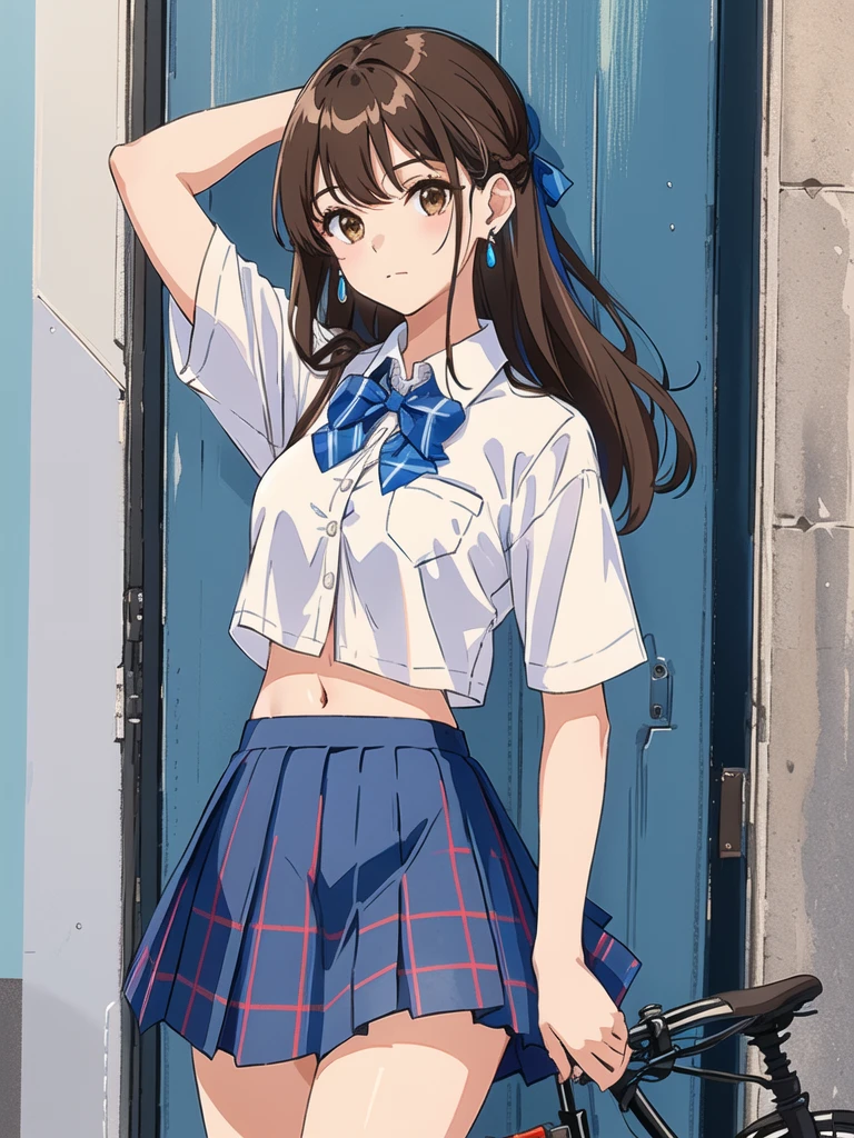 1girl, solo, long hair, breasts, looking at viewer, bangs, skirt, brown hair, shirt, bow, navel, brown eyes, jewelry, closed mouth, , standing, white shirt, short sleeves, thighs, cowboy shot, pleated skirt, earrings, midriff, collared shirt, hand up, miniskirt, bowtie, stomach, blue skirt, crop top, plaid, blue bow, plaid skirt, ground vehicle, blue bowtie, breast pocket, crop top overhang, bicycle