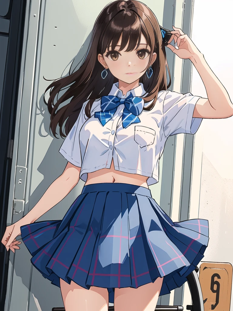 1girl, solo, long hair, breasts, looking at viewer, bangs, skirt, brown hair, shirt, bow, navel, brown eyes, jewelry, closed mouth, , standing, white shirt, short sleeves, thighs, cowboy shot, pleated skirt, earrings, midriff, collared shirt, hand up, miniskirt, bowtie, stomach, blue skirt, crop top, plaid, blue bow, plaid skirt, ground vehicle, blue bowtie, breast pocket, crop top overhang, bicycle