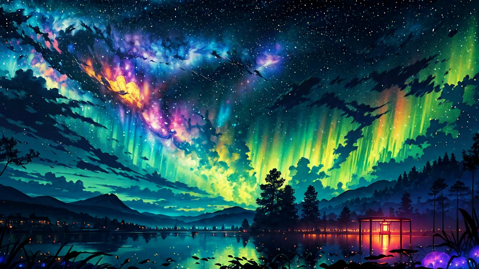 Wide Landscape Photos, (Looking from the bottom up, The sky is above, There is open space below), (Full Moon: 1.2), (meteor: 0.9), (nebula: 1.3), Distant Mountains , The tree,Handmade art, (暖lamp: 1.2), (firefly: 1.2), lamp, Lots of purple and orange, Intricate details, Volumetric lighting BREAK (masterpiece: 1.2), (best quality), 4K, Extremely detailed, (Dynamic Combination: 1.4), Rich in details,rich and colorful, (Rainbow Colors: 1.2), (glow, Ambient Lighting), Like a dream, magic, (solitary: 1.2)