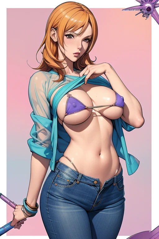 (masterpiece, best quality),nsfw,Cartoon photo of a woman in a see-through bikini top and jeans, Anime drawings inspired by Masamune Shirow, Pixiv, Self-sastructing art, Enchanting anime girl, Nami One Piece, biomechanical tits, Nami from One Piece, Pixiv 3dcg, tits, I also make fan art, top rated on Pixiv