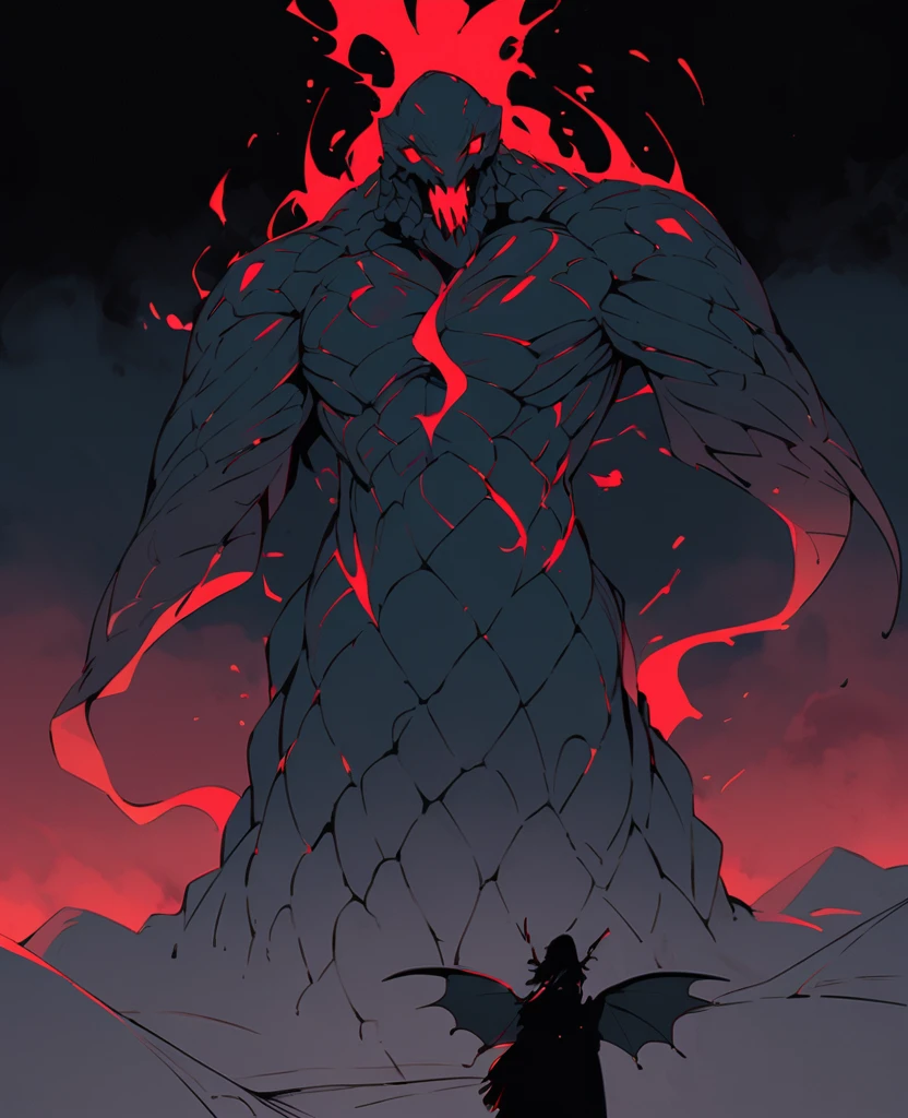 flat color,A terrifying gigantic creature from Greek mythology, named Typhon, standing in a dark, stormy landscape with lightning in the sky,His face resembles that of an old human, It has a body as large as a mountain, with multiple snake legs, large wings, and it is breathing fire. The creature's skin is covered in scales, and it has glowing red eyes,