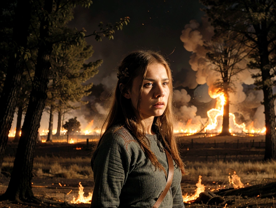 angry viking woman, battlefield, trees in fire