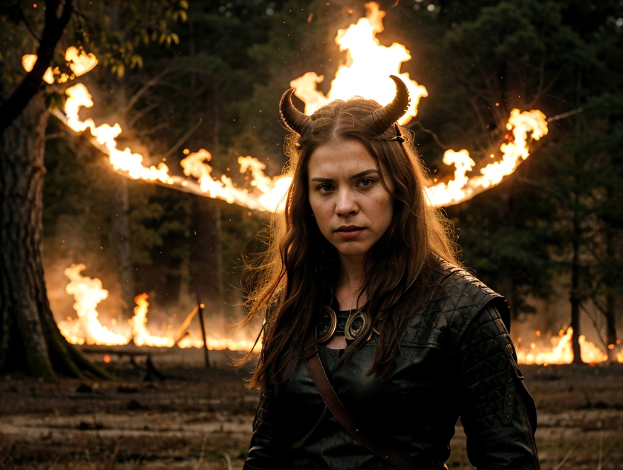 angry viking woman, battlefield, trees in fire