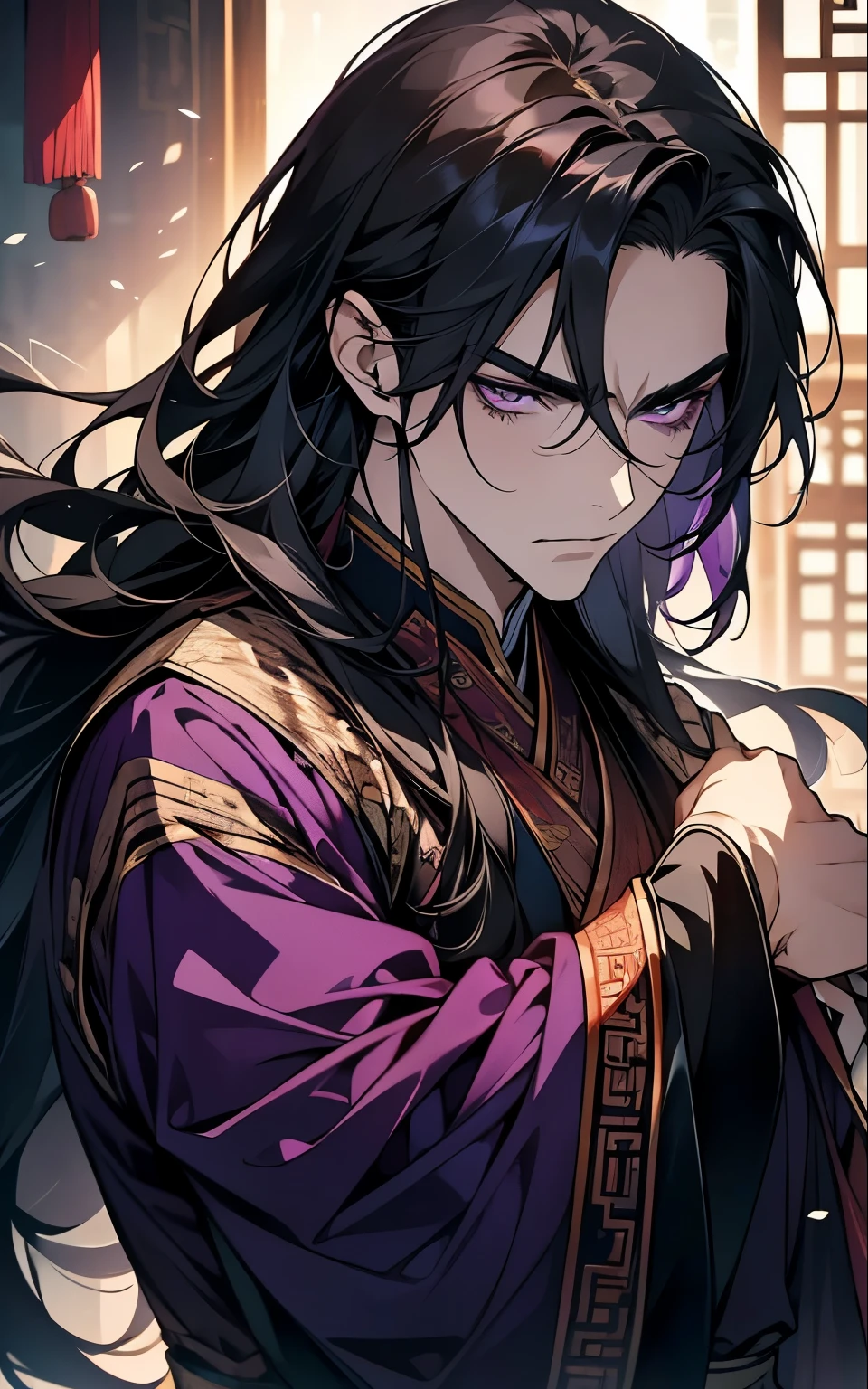 1 middle-aged man, (45 years old), long black hair, violet eyes, chinese clothes, (!PURPLE! clothes), available at purple chinese room, portrait, angry