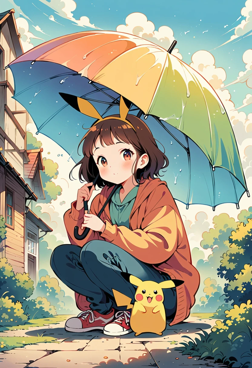 ((anime:1.4,illustration)),(masterpiece, top quality, best quality),(ultra-detailed, absolutely resolution),((16k, high res)), (((Pikachu holding an umbrella in the rain, a rainbow is out, the sky is half sunny and half rainy)) ((cozy lofi illustration:1.4)), ((anime:1.4, illustration)),(masterpiece, top quality, best quality),(ultra-detailed, absolutely resolution),((16k, high res)) BREAK {lofi art, style of Laurie Greasley, style of Makoto Shinkai, anime aesthetic}, BREAK { (produces images with information than 40 million pixels with cinematic-like detailed textures shot on a Sony SLR).}