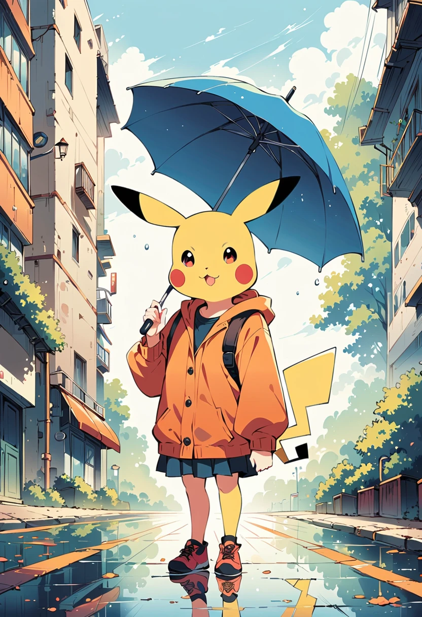 ((anime:1.4,illustration)),(masterpiece, top quality, best quality),(ultra-detailed, absolutely resolution),((16k, high res)), (((Pikachu holding an umbrella in the rain, a rainbow is out, the sky is half sunny and half rainy)) ((cozy lofi illustration:1.4)), ((anime:1.4, illustration)),(masterpiece, top quality, best quality),(ultra-detailed, absolutely resolution),((16k, high res)) BREAK {lofi art, style of Laurie Greasley, style of Makoto Shinkai, anime aesthetic}, BREAK { (produces images with information than 40 million pixels with cinematic-like detailed textures shot on a Sony SLR).}