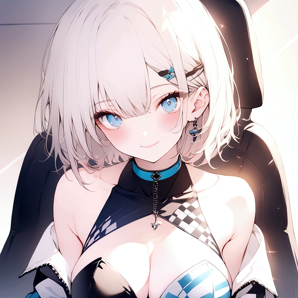 beautiful, masterpiece, Highest quality, anime, One girl, C Cup,Portrait Shot, View your viewers, Intricate details,>,((Covered、Short Hair、nearby、Blue Eyes、art、、White hair,Blue streaked hair、wallpaper、、hairpin、smile、Thighs、Race Queen、rq、seat