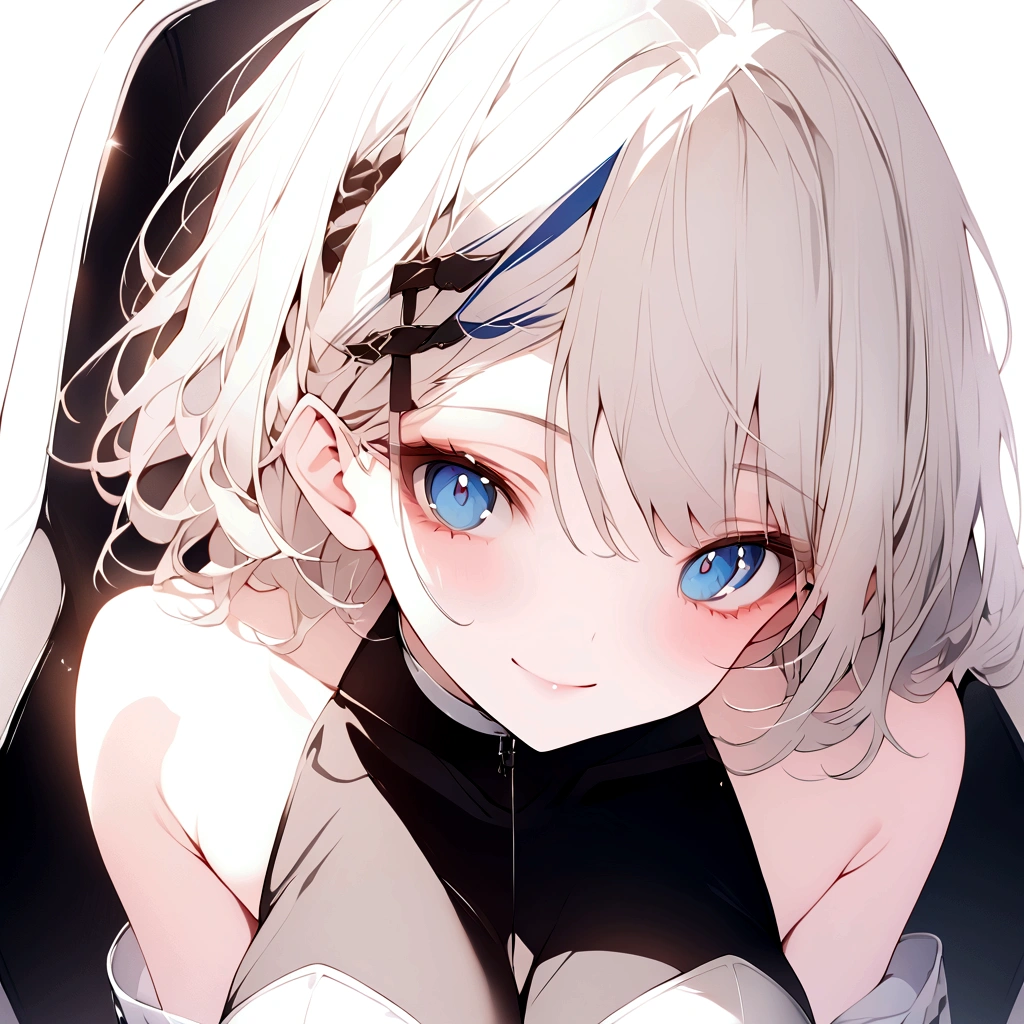 beautiful, masterpiece, Highest quality, anime, One girl, C Cup,Portrait Shot, View your viewers, Intricate details,>,((Covered、Short Hair、nearby、Blue Eyes、art、、White hair,Blue streaked hair、wallpaper、、hairpin、smile、Thighs、Race Queen、rq、seat