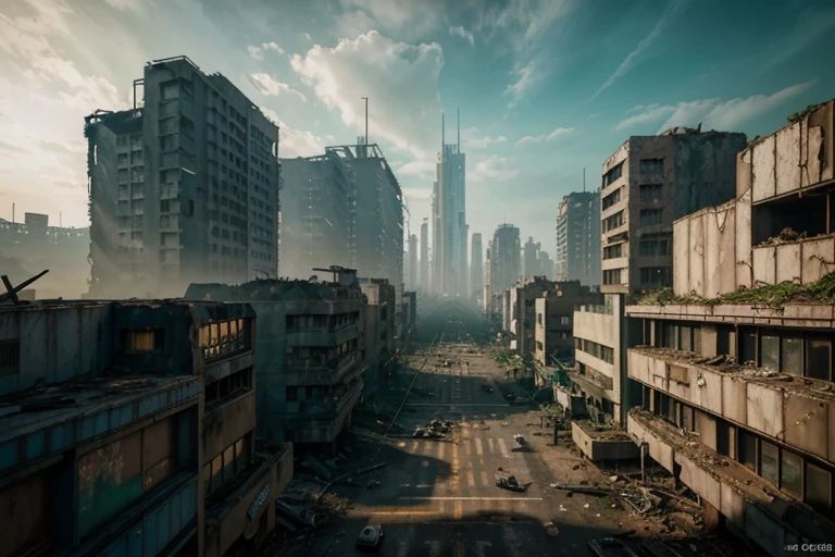 a ruined futuristic town, abandoned cyberpunk city, post-apocalyptic cityscape, crumbling skyscrapers, overgrown with vegetation, decaying infrastructure, rusted metal, neon signs, broken windows, debris scattered, moody lighting, cinematic composition, dystopian atmosphere, muted color palette, (best quality,4k,8k,highres,masterpiece:1.2),ultra-detailed,(realistic,photorealistic,photo-realistic:1.39)