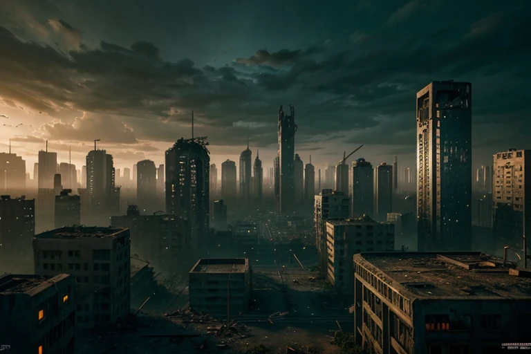a ruined futuristic town, abandoned cyberpunk city, post-apocalyptic cityscape, crumbling skyscrapers, overgrown with vegetation, decaying infrastructure, rusted metal, neon signs, broken windows, debris scattered, moody lighting, cinematic composition, dystopian atmosphere, muted color palette, (best quality,4k,8k,highres,masterpiece:1.2),ultra-detailed,(realistic,photorealistic,photo-realistic:1.39)