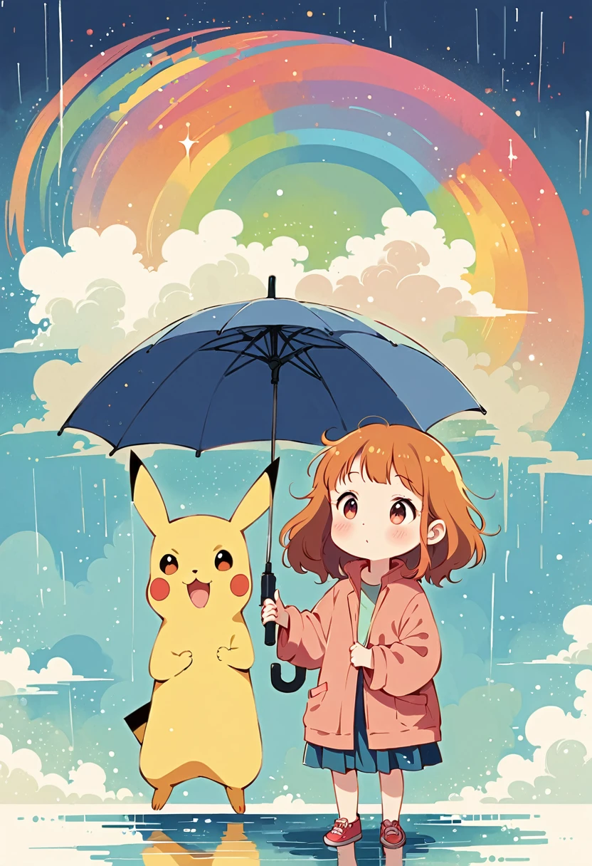 ((anime:1.4,illustration)),(masterpiece, top quality, best quality),(ultra-detailed, absolutely resolution),((16k, high res)), (((Pikachu holding an umbrella in the rain, a rainbow is out, the sky is half sunny and half rainy)) ((cozy lofi illustration:1.4)), ((anime:1.4, illustration)),(masterpiece, top quality, best quality),(ultra-detailed, absolutely resolution),((16k, high res)) BREAK {lofi art, style of Laurie Greasley, style of Makoto Shinkai, anime aesthetic}, BREAK { (produces images with information than 40 million pixels with cinematic-like detailed textures shot on a Sony SLR).}