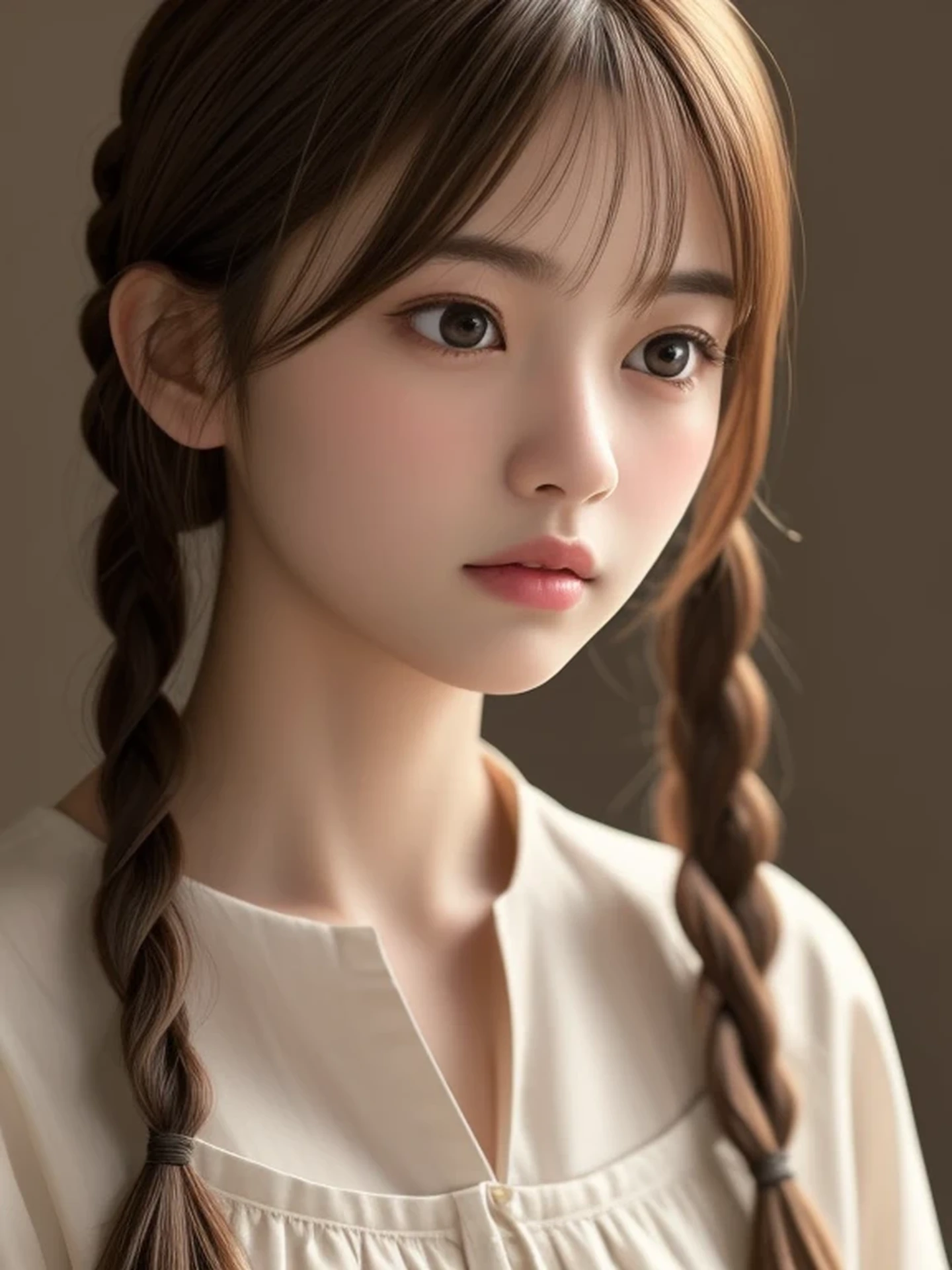 1 Japanese girl, (looking away:1.4), (upper body shot:1.2), Beautifully detailed eyeballs, catchlight in the eyes, Realistic digital painting of a woman portrait, Shy, Cute, open mouth to say something, sad, brown eyes, (braid hair:1.1), (light brown brunette hair:1.3), (Highly detailed skin:1.2), Mystical style, Global Illumination, blouse