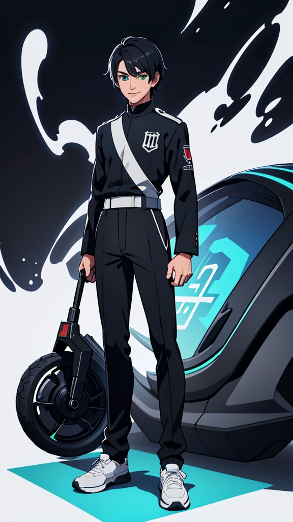 masterpiece, best quality, highres, 1 man, Baro Shoei blue lock,straight hair, black hair, short hair, ager, colorful hair, light background, full body, teen, colorful parts, symbols, dark, bold, realistic mixing dark lines and loose lines, bold lines, on paper, human man, green eyes, full body, imposing pose, stylish outfit, symbols, runes , dark theme, handsome, good looking, boastful, standing, male, sharp chin, wide jawline, white background, defined eyes, ultra detail eyes, muscular, black and white uniform, front view, standing, neutral face, facing towards, looking straight, looking forward, full face, clean eyes, detailed eyes, hyper realistic eyes, masculine, square face, smile