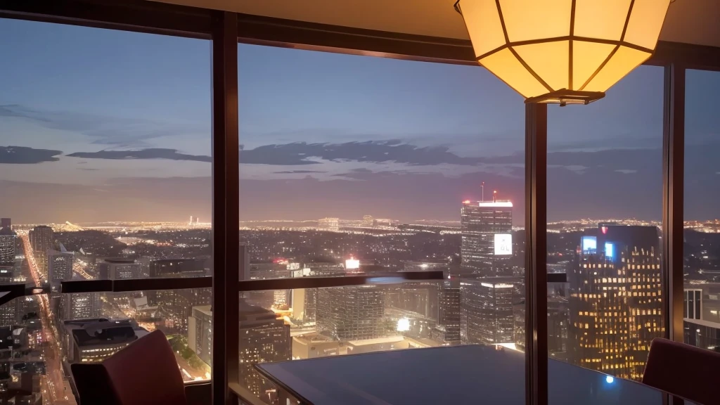 Close-up of a lantern placed in a high-rise hotel, In the background, the dark night view looks beautiful outside the large window of the hotel.