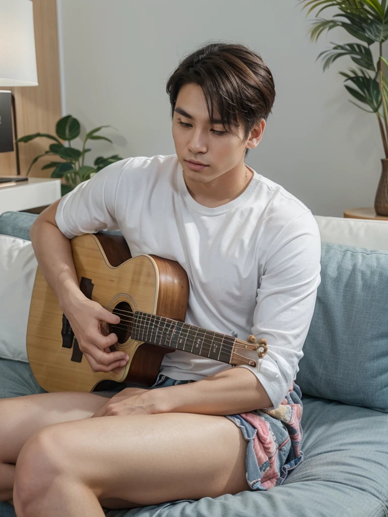 Create images with 8k clarity.,
It&#39;s a virtual image., High definition photos, 
It is a 180 degree wide viewing angle., 
It is a picture of a 30 year old young man., 
Good looks, white skin, white face, 
I am half Thai and half South Korean., 
Keep your hair in an undercut style., 
South Korean singer style Sitting on a blue sofa playing a red acoustic guitar in a modern bedroom with pastel tones.