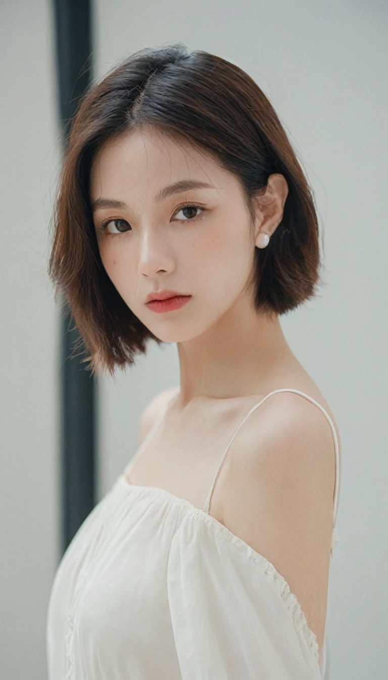 xxmixgirl, Analog Style, Eye focus, Highest quality, (Very detailed skin), Exquisitely beautiful white skin photos, 22 years old, Shortcuts、Perfect Face, Captivating eyes, (Seductive makeup: 1.3), Skin pores, (Bokeh:1.5), Sharp focus, Dappled Lighting, (Backlight), Film Grain, (Very detailed, Exquisitely crafted), 8K, High resolution, Front view, Studio Light, Very detailed顔, Fine grain, (double eyelid: 1.4), Aristogle, Brown eyes, (commercial: 1.6), (Seductive makeup), ((White studio background: 2))