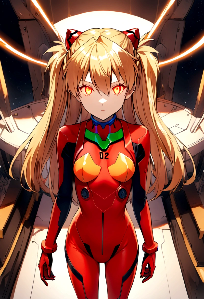 (Overhead view),dynamic angle,ultra-detailed, illustration, close-up, straight on, 1girl, 
 ((souryuu asuka langley, interface headset, red bodysuit:1.4, blonde)),Her eyes shone like dreamy stars,(glowing eyes:1.233),(beautiful and detailed eyes:1.1),(expressionless,closed mouth),(standing), 
(mechanic room with toolsand spaceship windowin a white SPACESHIP),
(night:1.2),dreamy, [[delicate fingers and hands:0.55]::0.85],(detail fingers),