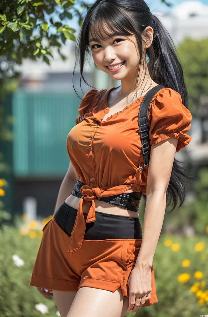 (8K、Raw photography、Highest quality、masterpiece:1.2),(Black Hair、Dark Eyes:1.9),(:1.6)、View your audience,Viewed from the front,White skin,(ponytail:1.3)、(Tight waist:1.6)、(Clothes that accentuate the shape of the breasts:1.0)、(Big Breasts :1.3)、Slim figure、Ultra-high resolution,beautiful,beautiful fece,(One person、No background:1.9),whole bodyボディー,Japanese women,(reality的:1.37)、Photon Mapping,reality、(Baby-faced and cute: 1.2)、(Cute Smile: 1.8)、(Round face: 1.8)、Radio City、Physically Based Rendering、Depth of field rally background、photograph, (I can see your knees、Thigh close-up:1.8),(:1.6),whole body、Great quality