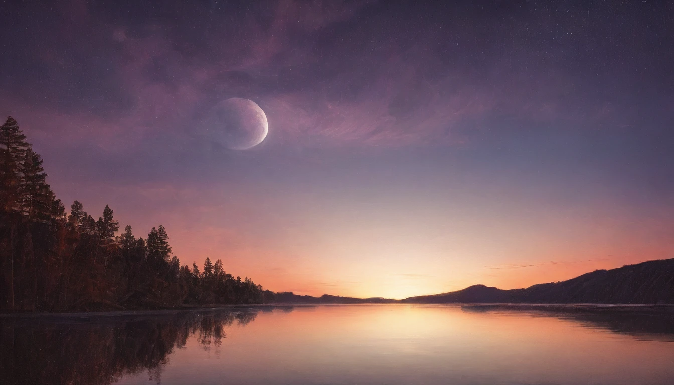 "(Highest quality, High resolution), Night Scenery, Moonlit Sky, Twinkling Star, Serene atmosphere, Serene landscape, dark silhouette, Breeze, Distant Mountain々, Quiet Lake, Moon reflection, Soft Shadows, Mysterious atmosphere, Fascinating views, Dreamy colors, Unreal landscapes, Hazy fog, Silver moonlight"