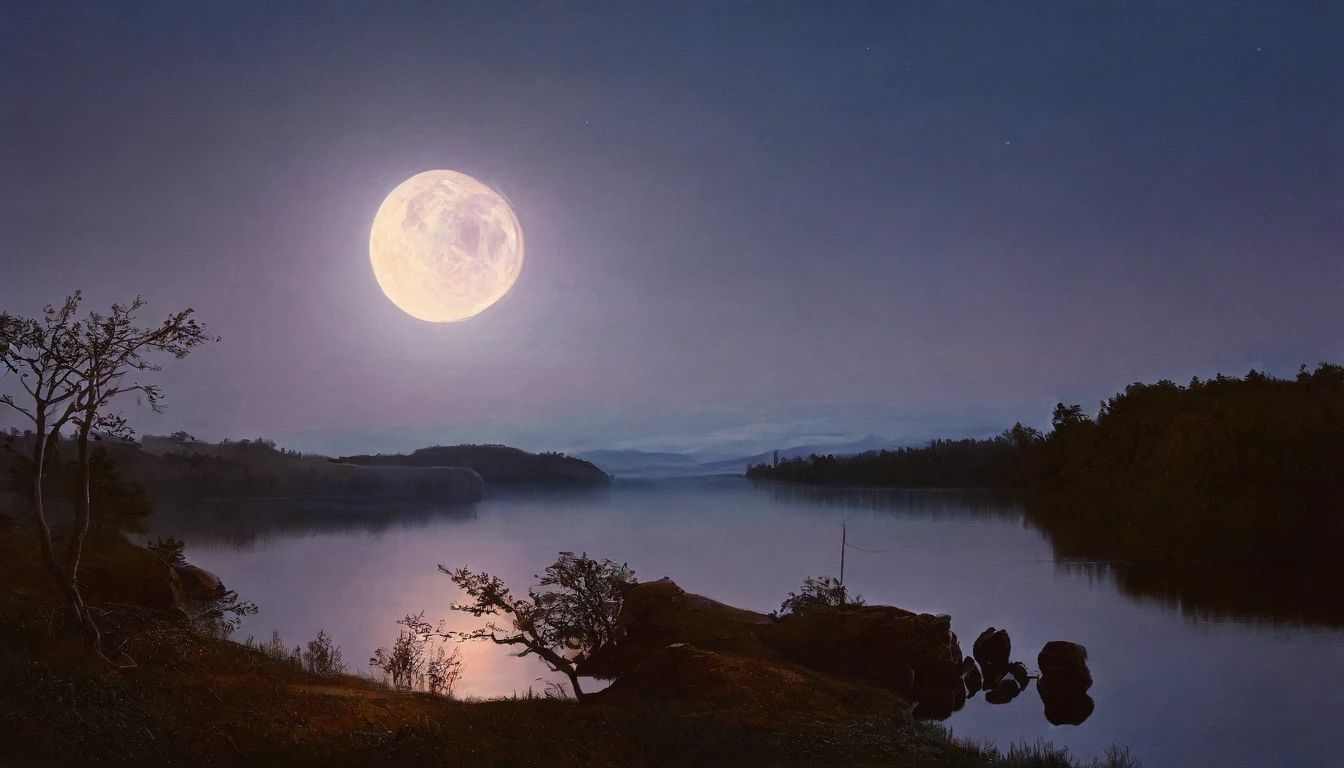 "(Highest quality, High resolution), Night Scenery, Moonlit Sky, Twinkling Star, Serene atmosphere, Serene landscape, dark silhouette, Breeze, Distant Mountain々, Quiet Lake, Moon reflection, Soft Shadows, Mysterious atmosphere, Fascinating views, Dreamy colors, Unreal landscapes, Hazy fog, Silver moonlight"