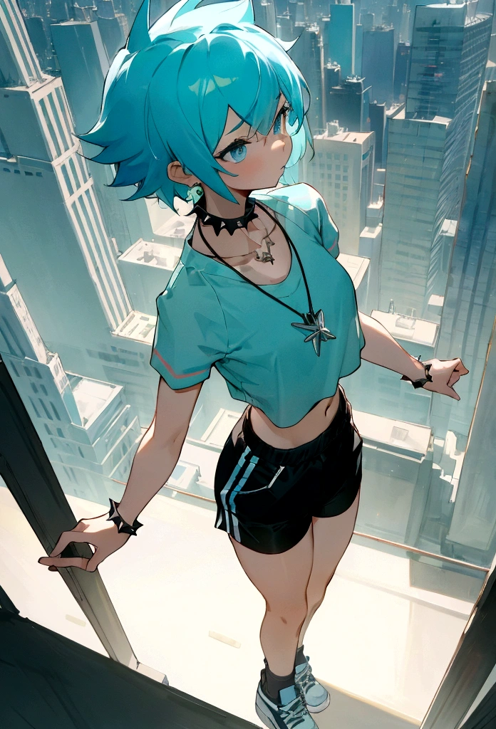 masterpiece, best quality, new york city background, 1 girl, spiky short cyan hair, short-sleeved black crop top, black shorts, white trainers, standing-up, mythical necklace on neck, art supplies