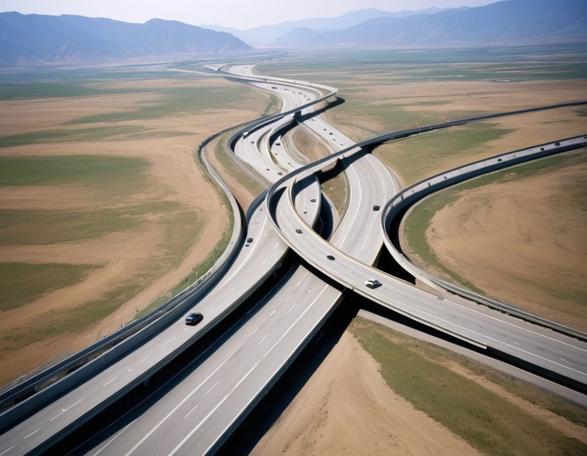 A highway stretches in twists and turns，There&#39;s no car on it，But there is a surveillance camera every certain distance.，The whole picture has a futuristic sense of technology