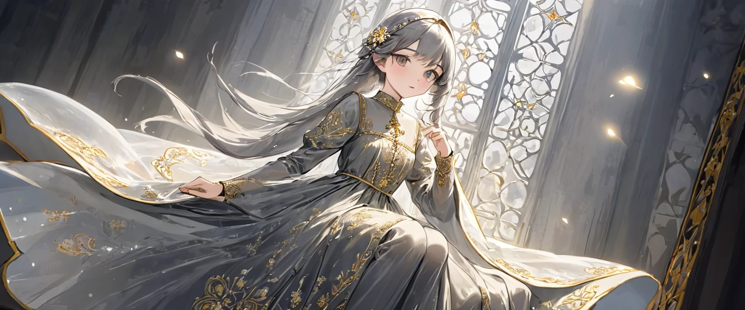 girl, Gold and silver embroidery, White-gray pearl medieval long dress(With panniers), Translucent fabric, Pull up the dress by hand, Strong winds, Translucent slip, Grey translucent tights, Peeking from below, Highest quality, Disorder of clothing, sit