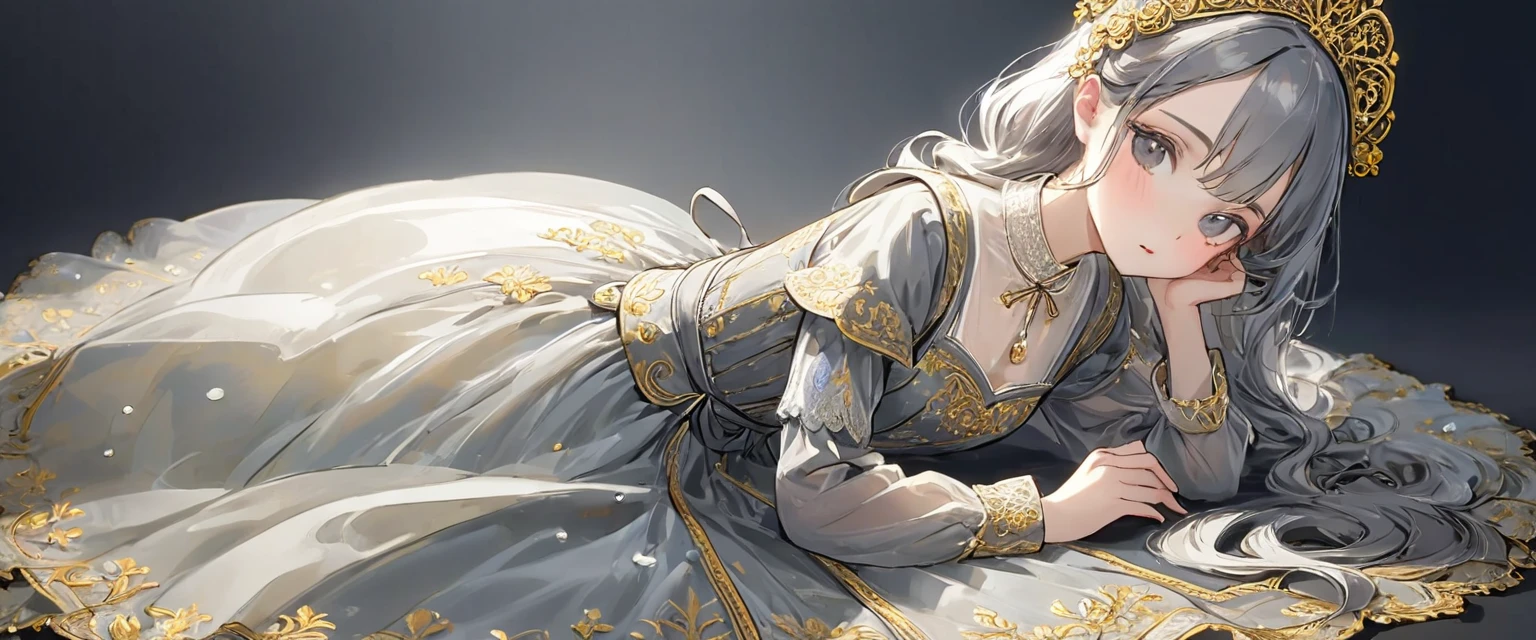 Girls in the Middle Ages、 Gold and silver embroidery、underwear姿、Knee-length semi-transparent drawers(underwear)Wearing、Wearing a semi-transparent corset、 Grey translucent tights、Lying down、White Grey Pearl Medieval Long Dress