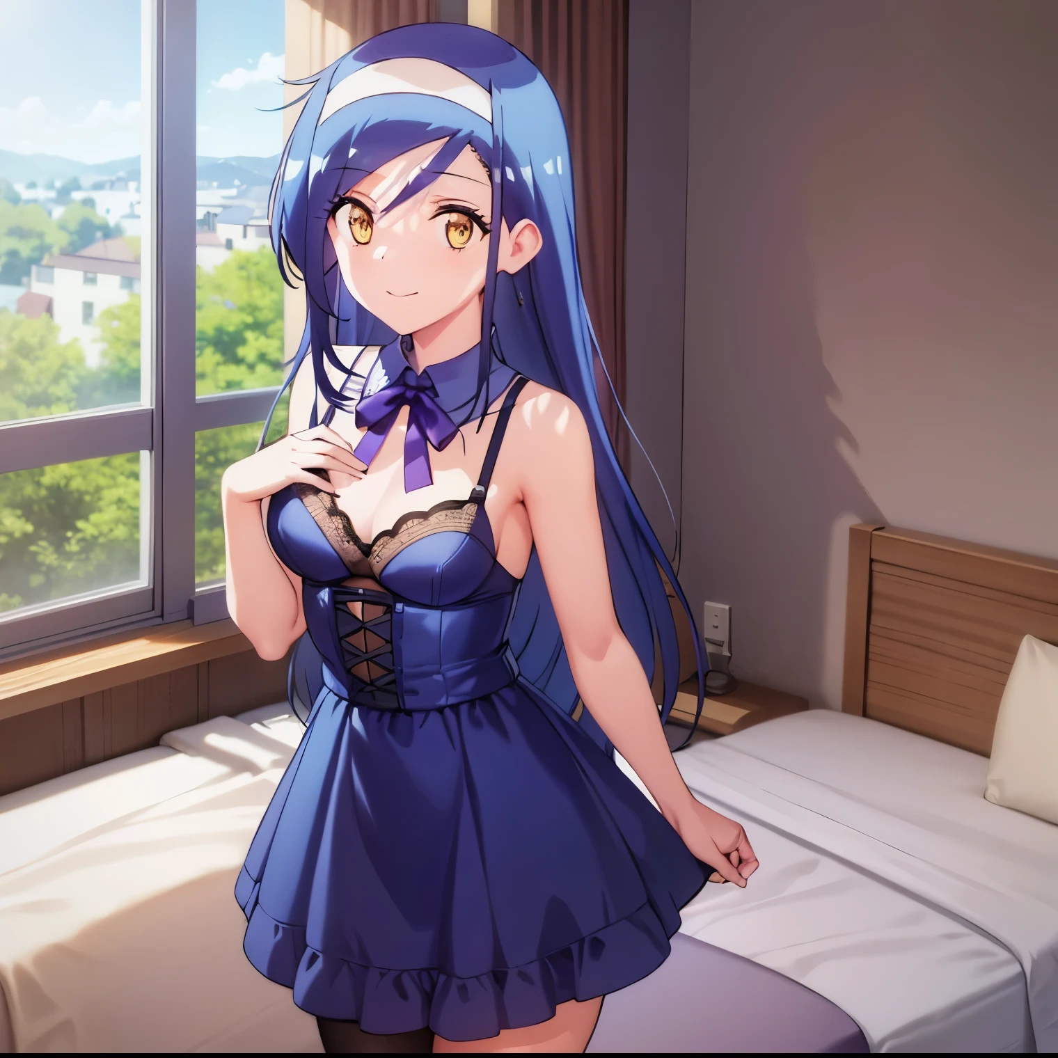 1girl,alone, fumino furuhashi,((Best quality)), (ultra detailed), anime style, looking at viewer, bed, cute girl, bed, long hair, blue hair, yellow eyes, dark blue lingerie, two-piece lingerie , white pantyhose, small breasts, medium waist, wide hips, wide thighs, embarrassed, seductive, dynamic posture, full body, smile, closed mouth, standing, facing the front, focus on the waist, pov ((from the middle)), good lighting, interior, bedroom, night, window with a view, perfect anatomy, perfect hands