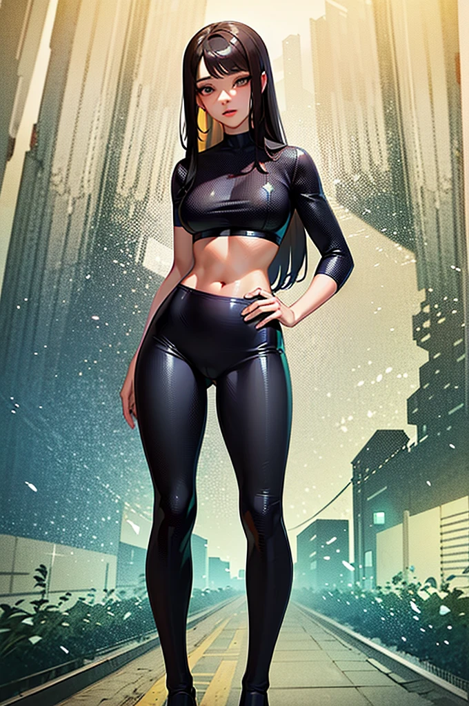 gorgeous girl, wide hips, narrow waist, medium breast, pretty face, glowing perfect skin, wearing letex leggings and white crop top, background of a intricately detailed aesthetic street that goes to a mountain, modern buildings in background, ultra high quality, intricately detailed, super detailed anime illustration, masterpiece, vibrant, complex detail, ghibili studio,