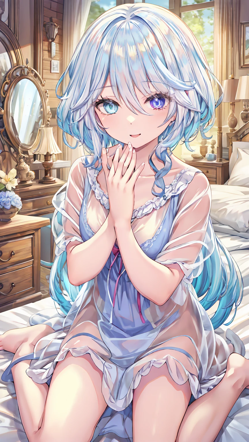 Furina, heterochromia, short hair break (Nightgown:1.5), barefoot, barefoot, (wariza:1.5), Half-closed eyes, (On the bed:1.4) break looking at viewer, (Cowboy Shot:1.5), smile,下から構figure, Thighs, セクシー break (masterpiece:1.2), Highest quality, High resolution, unity 8k wallpaper, (figure:0.8), (美しいFine grain:1.6), Highly detailed face, Perfect lighting, Highly detailed CG, (Perfect hands, Perfect Anatomy) break ((masterpiece,Highest quality)), Super detailed, Shine, Shine光, Ray Tracing, (Perfect Face, Detailed face, Fine grain, Perfect hands, Perfect Fingers:1.5), HD, Super cute face, Highest quality, Super detailed break Shine目, (Highest qualityの写実的なイラスト), (Super fine), (Cute illustrations:1.3), (High chroma:1.3),, Beautiful detailed face and eyes, Dynamic lighting, (Very delicate and beautiful) break (Nice hands), (Perfect hands:1.4), Highly detailed illustration, Super cute and beautiful, Highest quality, slender, ,Baby Face,
