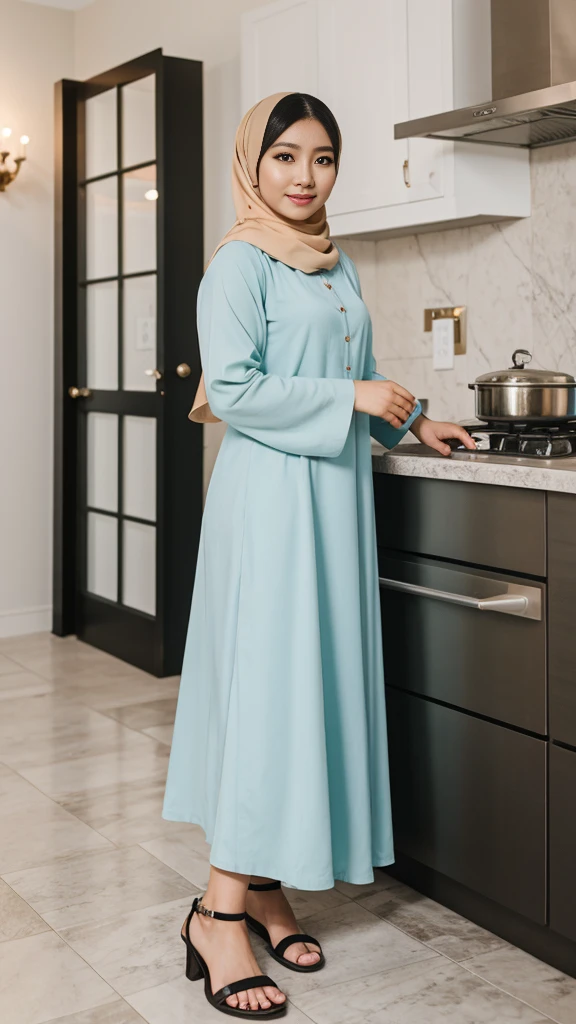 {{masterpiece, best quality, extremely detailed CG, unity 8k wallpaper, cinematic lighting, }}, Sony α7, wide frame, A Korean man crossdressing as a woman wearing perfect loose hijab, pastel abaya dress, and woman's sandals standing in the kitchen with timid pose and shy expression, he is facing to the camera.