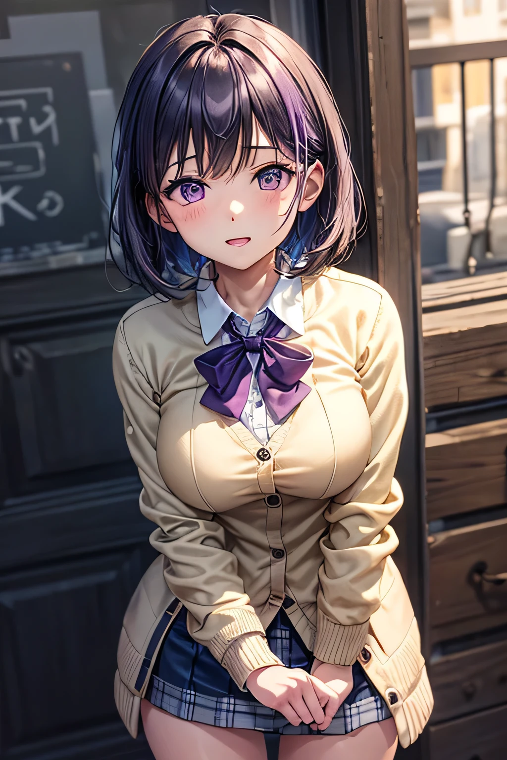 (Very detailed CG Unity 8K wallpaper),(masterpiece), (Highest quality), (Very detailed), (Best illustrations),(Best Shadow), Large Breasts,16 years old,Purple eyes and purple very short hair,,White blouse,Blue tie,Checked mini skirt,beige cardigan